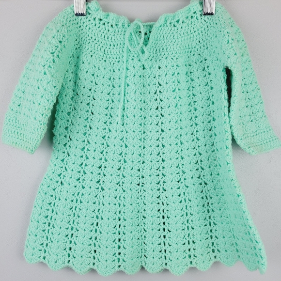 Infant Baby Crochet Dress And Sweater Set Hand Crafted Green And Yellow - Picture 6 of 16